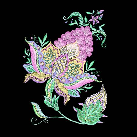 Elements for design. Fantasy flowers, traditional Jacobean embroidery style. Embroidery imitation. Vector illustration in neon colors isolated on black background..のイラスト素材