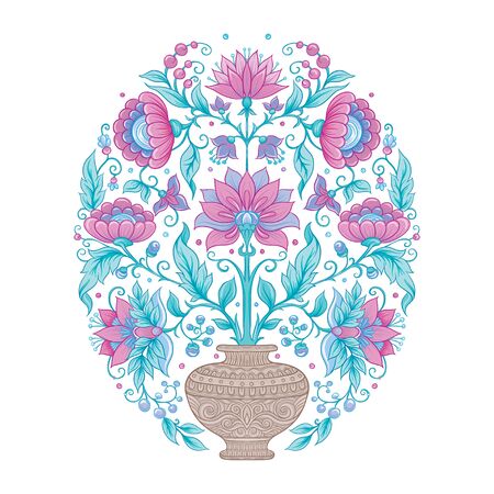 Tradition mughal motif, fantasy flowers in retro, vintage style. Element for design. Vector illustration. Isolated on white background..のイラスト素材