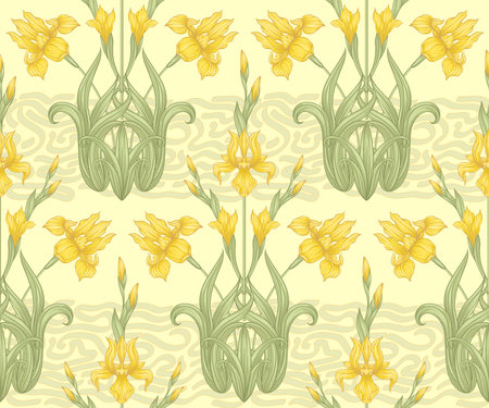 Iris flower, fleur-de-lis, flower-de-luce, flag. Seamless pattern, background. Colored vector illustration. In art nouveau style, vintage, old, retro style In soft cream yellow colors..のイラスト素材