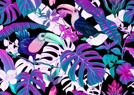 Tropical plants and flowers and birds. Seamless pattern, background. Colored and outline design. Vector illustration in neon, fluorescent colors. Isolated on black background..のイラスト素材