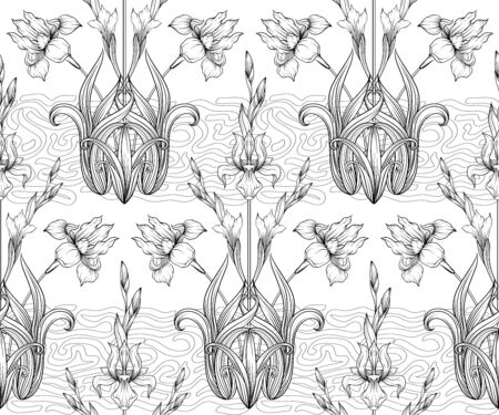Iris flower, fleur-de-lis, flower-de-luce, flag. Seamless pattern, background. Outline hand drawing vector illustration. In art nouveau style, vintage, old, retro style. In botanical style.のイラスト素材