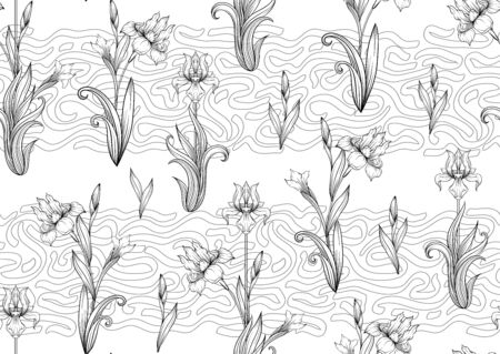 Iris flower, fleur-de-lis, flower-de-luce, flag. Seamless pattern, background. Outline hand drawing vector illustration. In art nouveau style, vintage, old, retro style. In botanical style.のイラスト素材