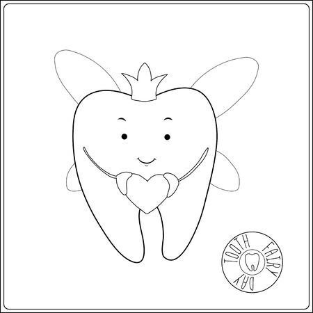 Tooth fairy. Vector cartoon illustration. Stylized tooth. Outline hand drawing vector illustration. Coloring page for the coloring book.のイラスト素材
