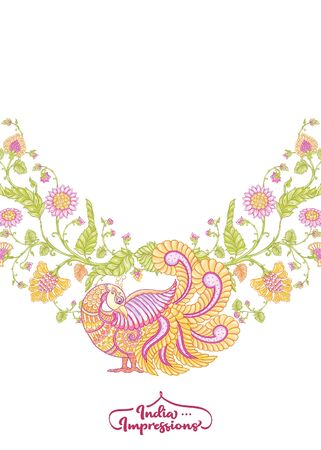 Indian ethnic pattern with stylized florwers and bird. Colored vector illustration. Isolated on white background. Good for the cover of a notebook, tablet, phoneのイラスト素材