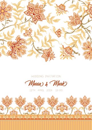 Ethnic pattern in kalamkari style, fantasy floral pattern. Colored vector illustration. Good for the wedding invitation, greating card,のイラスト素材