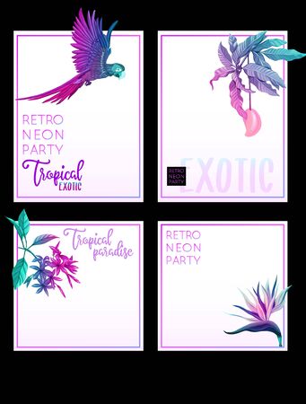Set of text boxes for bullet journal or notes with tropical plans, flowers and birds. Stickers, elements for design. In neon, fluorescent colors. Vector illustration..のイラスト素材