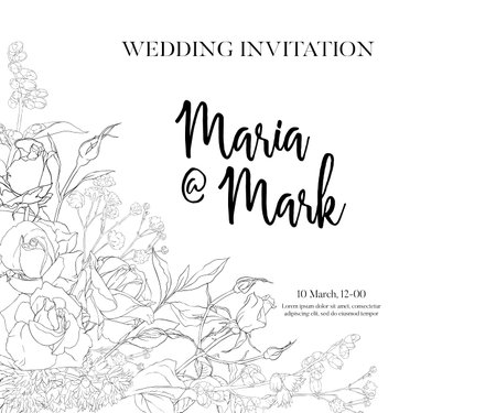 Wedding invitation with white roses and spring flowers. Outline hand drawing vector illustration.のイラスト素材