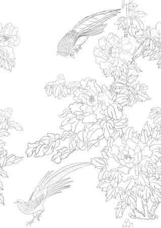 Peony tree branch with flowers with pheasants in the style of Chinese painting on silk Seamless pattern, background. Outline hand drawing vector illustration..のイラスト素材