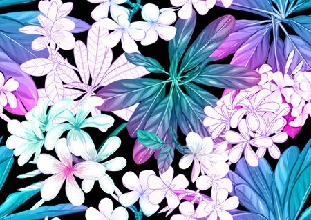 Tropical plants and flowers. Seamless pattern, background. Colored and outline design. Vector illustration in neon, fluorescent colors. Isolated on black background..のイラスト素材