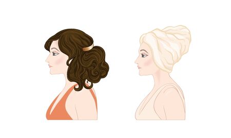 Set of two portraits of beautiful woman 30-39 or 40-49 with a towel on her head with hairstyle and makeup. Before and after. Hand drawn vector line art illustration.のイラスト素材