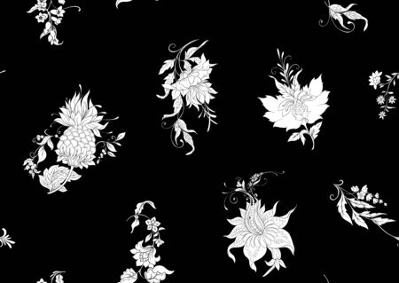 Fantasy flowers in retro, vintage, jacobean embroidery style. Seamless pattern background. Black and white graphics Vector illustrationのイラスト素材