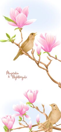 Magnolia tree branch with flowers and nightingale Template for wedding invitation, greeting card, banner, gift voucher, label. Colored vector illustration. Isolated on white background..のイラスト素材