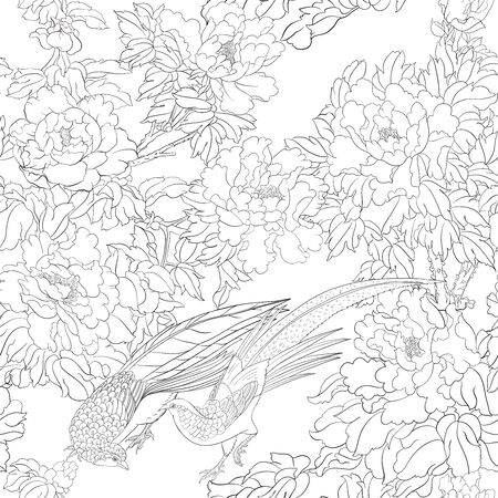 Peony tree branch with flowers with pheasants in the style of Chinese painting on silk Seamless pattern, background. Outline hand drawing vector illustration..のイラスト素材