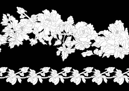 Peony tree branch with flowers in the style of Chinese painting on silk Seamless pattern, background. Outline hand drawing vector illustration. Black and white graphics. Vector illustration.のイラスト素材