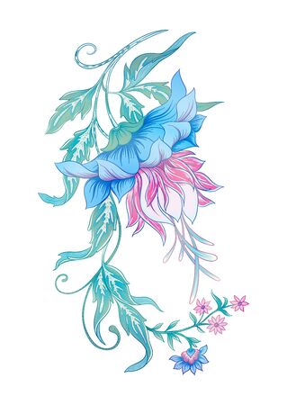 Fantasy flowers in retro, vintage, jacobean embroidery style. Element for design. Colored vector illustration. Isolated on white background..のイラスト素材