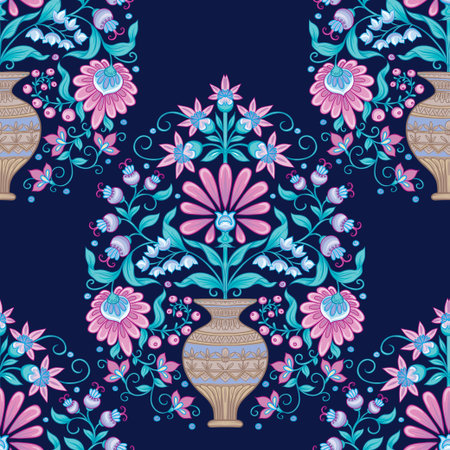 Tradition mughal motif, fantasy flowers in retro, vintage style. Seamless pattern, background. Vector illustration. On blue backgroundのイラスト素材