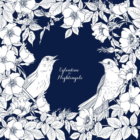 Dog-rose, briar, brier, eglantine canker-rose and nightingale. Template for wedding invitation, greeting card, gift voucher. Graphic drawing Vector illustrationのイラスト素材