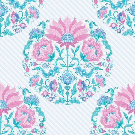 Tradition mughal motif, fantasy flowers in retro, vintage style. Seamless pattern, background. Vector illustration. On blue stripes background..のイラスト素材