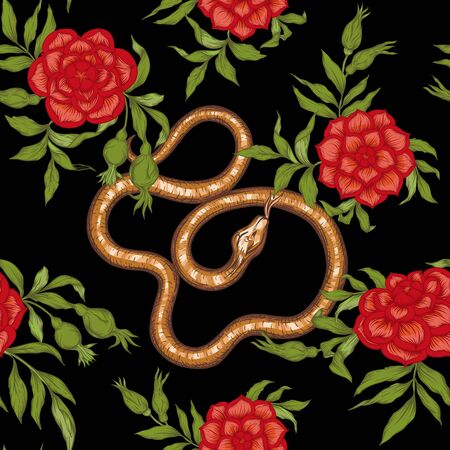 Roses ands snake. Seamless pattern, background. Graphic drawing, engraving style. Vector illustration. In art nouveau style, vintage, old, retro styleのイラスト素材