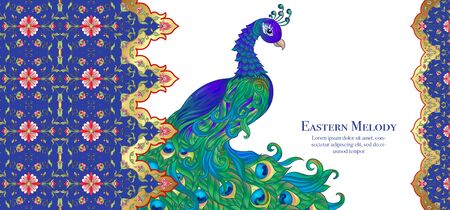 Peacock and eastern ethnic motif, traditional muslim ornament. Template for wedding invitation, greeting card, banner, gift voucher, label. Colored vector illustration in gold and blue.のイラスト素材