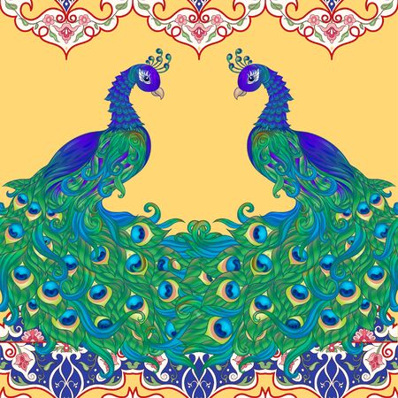 Peacock bird seamless pattern, background. On aspen yellow backgroundのイラスト素材