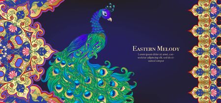 Peacock and eastern ethnic motif, traditional muslim ornament. Template for wedding invitation, greeting card, banner, gift voucher, label. Colored vector illustration in gold and blue.のイラスト素材