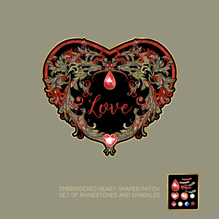 Embroidered love heart-shaped patch with a floral pattern and a set of rhinestones and sparkles. Vector illustration.のイラスト素材