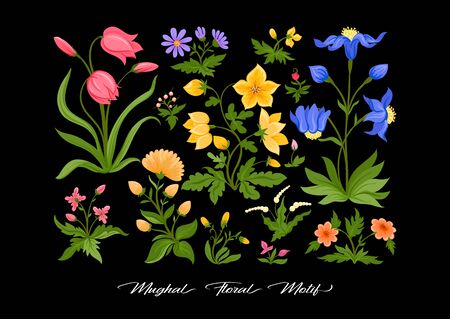 Tradition mughal motif, fantasy flowers in retro, vintage style. Pattern, background. Vector illustration. Isolated on blackのイラスト素材