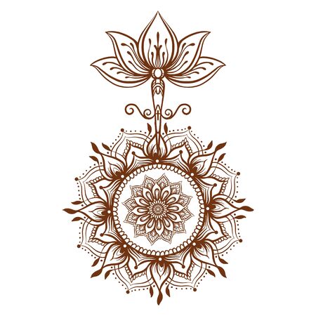 Ornate Lotus flower. Ayurveda symbol of harmony and balance and universe. Tattoo design, yoga . Boho print, poster, t-shirt textile. Isolated outline vector illustration.のイラスト素材