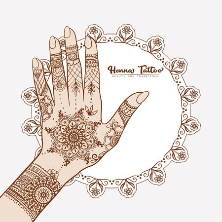 Female hands with traditional indian henna tattoo. Template for tottoo salon banner, wedding invitation, gift voucher, label. Vector illustration.のイラスト素材