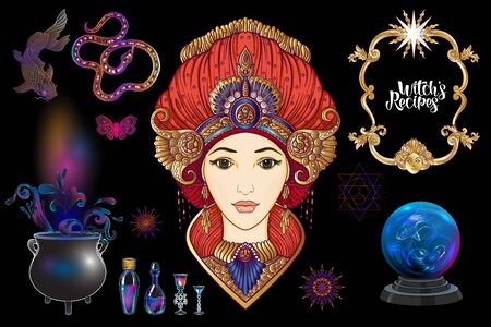Young woman witch with cauldron, magician plants and animals Clip art, set of elements for witchcraft design. Colored vector illustration..のイラスト素材