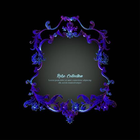 Border, frame, label In baroque, rococo, victorian, renaissance style. Trendy frolar vintage pattern in neon, fluorescent colors. Vector illustrationのイラスト素材