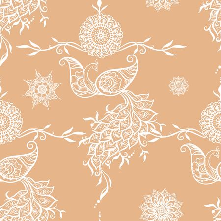 Eastern ethnic style compositions, mehendi, traditional indian henna floral ornament with peacock. Seamless pattern, background in beige and white colors. Vector illustration..のイラスト素材