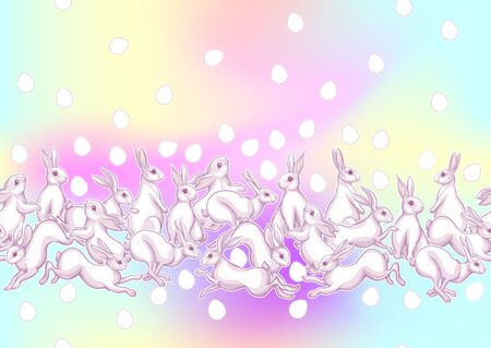 Seamless pattern with a white hares, colored eggs for easter. Colored vector illustration. In light ultra violet pastel colors on mesh pink, blue background.のイラスト素材