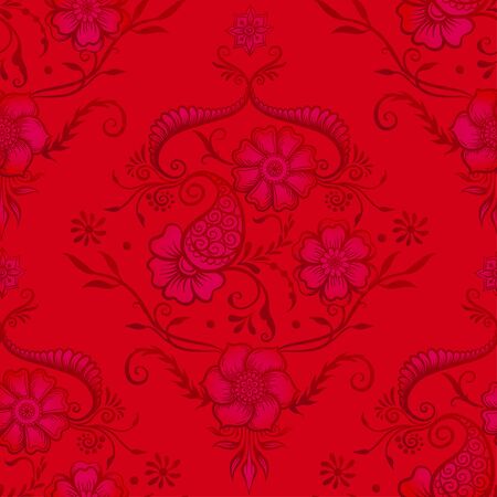 Eastern ethnic style compositions, mehendi, traditional indian henna floral ornament. Seamless pattern, background. Vector illustration in red.のイラスト素材