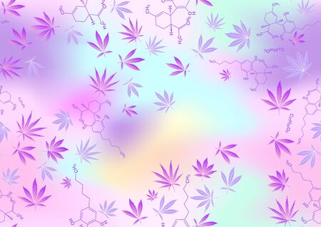 Cannabis leaves and cbd, cannabidiol formula seamless pattern, background. Vector illustration in light ultra violet pastel colors on mesh pink, blue background.のイラスト素材