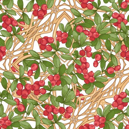 Cranberry in a decorative imitation of a wicker basket made of twigs. Seamless pattern, background. Graphic drawing, engraving style. Vector illustration isolated on white background..のイラスト素材