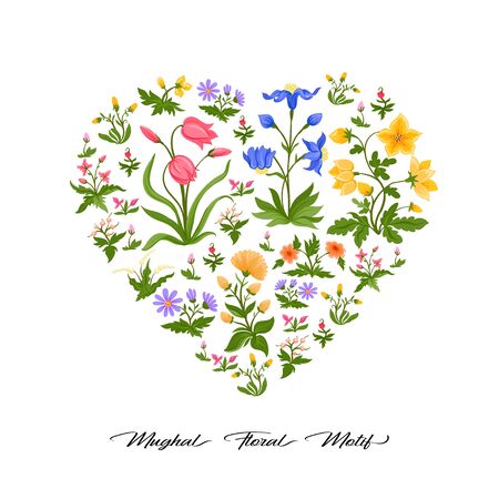 Tradition mughal motif, fantasy flowers in retro, vintage style. Pattern, background. Vector illustration. Isolated on white.のイラスト素材