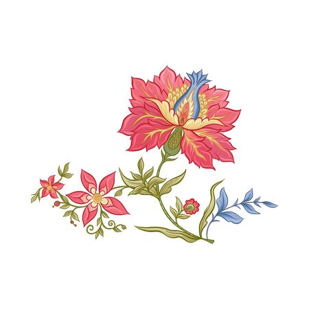 Fantasy flowers in retro, vintage, jacobean embroidery style. Embroidery imitation isolated on white background. Vector illustration.のイラスト素材