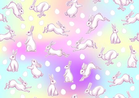 Seamless pattern with a white hares, colored eggs for easter. Colored vector illustration. In light ultra violet pastel colors on mesh pink, blue background.のイラスト素材