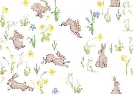 Seamless pattern, ackground with spring flowers and rabbits, hares. Colored vector illustration. Isolated on white background.のイラスト素材