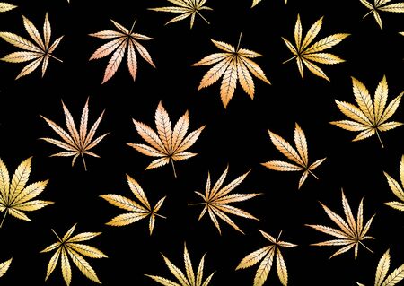 Cannabis leaves seamless pattern, background. Vector illustration in gold colors Isolated on black background.のイラスト素材