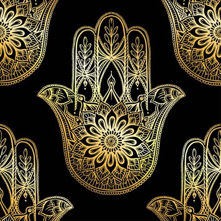 Seamless pattern with ornate hand drawn hamsa. Popular Arabic and Jewish amulet. Vector illustration. Vector illustration in gold and black.のイラスト素材