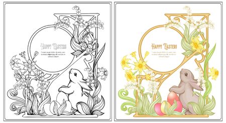 Happy easter Coloring page for the adult coloring book with spring flowers, eggs and rabbit. Vector illustration In art nouveau style. Outline hand drawing vector illustration with colored sample.のイラスト素材
