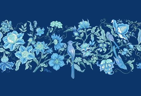 Fantasy flowers and birds in retro, vintage, jacobean embroidery style. Seamless pattern, background. Vector illustration. On navy blue background.のイラスト素材