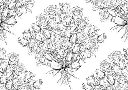 Outline roses seamless pattern, background. Black and white graphics. Vector illustration.のイラスト素材