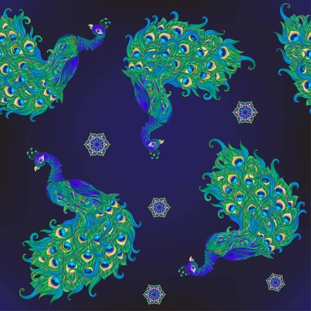 Peacock bird seamless pattern, background. On dark blue backgroundのイラスト素材