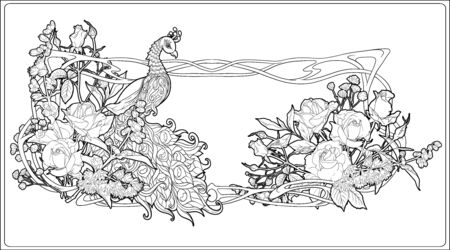 Poster with peacock and roses in art nouveau style, vintage, old, retro style. In Art deco style. Coloring page for the adult coloring book. Outline hand drawing vector illustration. .のイラスト素材