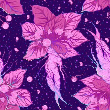 Seamless pattern, background with miraculous, hallucinogenic plants in botanical style in neon colors. Vector illustrationのイラスト素材