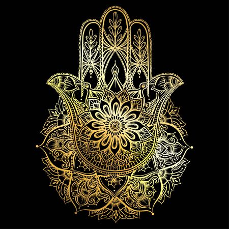 Ornate hand drawn hamsa. Popular Arabic and Jewish amulet in gold and black. Vector illustration.のイラスト素材